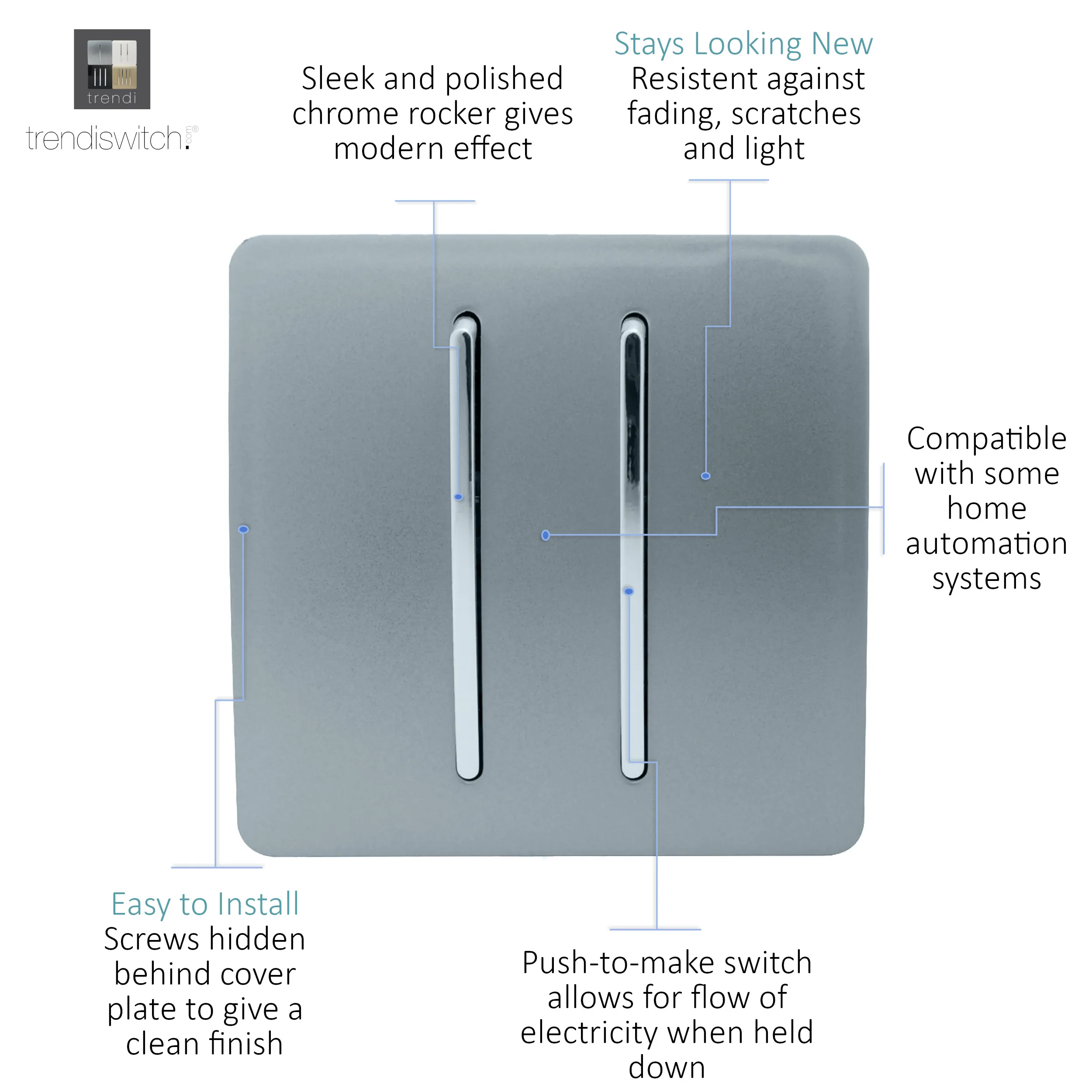 2 Gang Retractive Home Auto.Switch Cool Grey ART-SSR2CG  Trendi Cool Grey